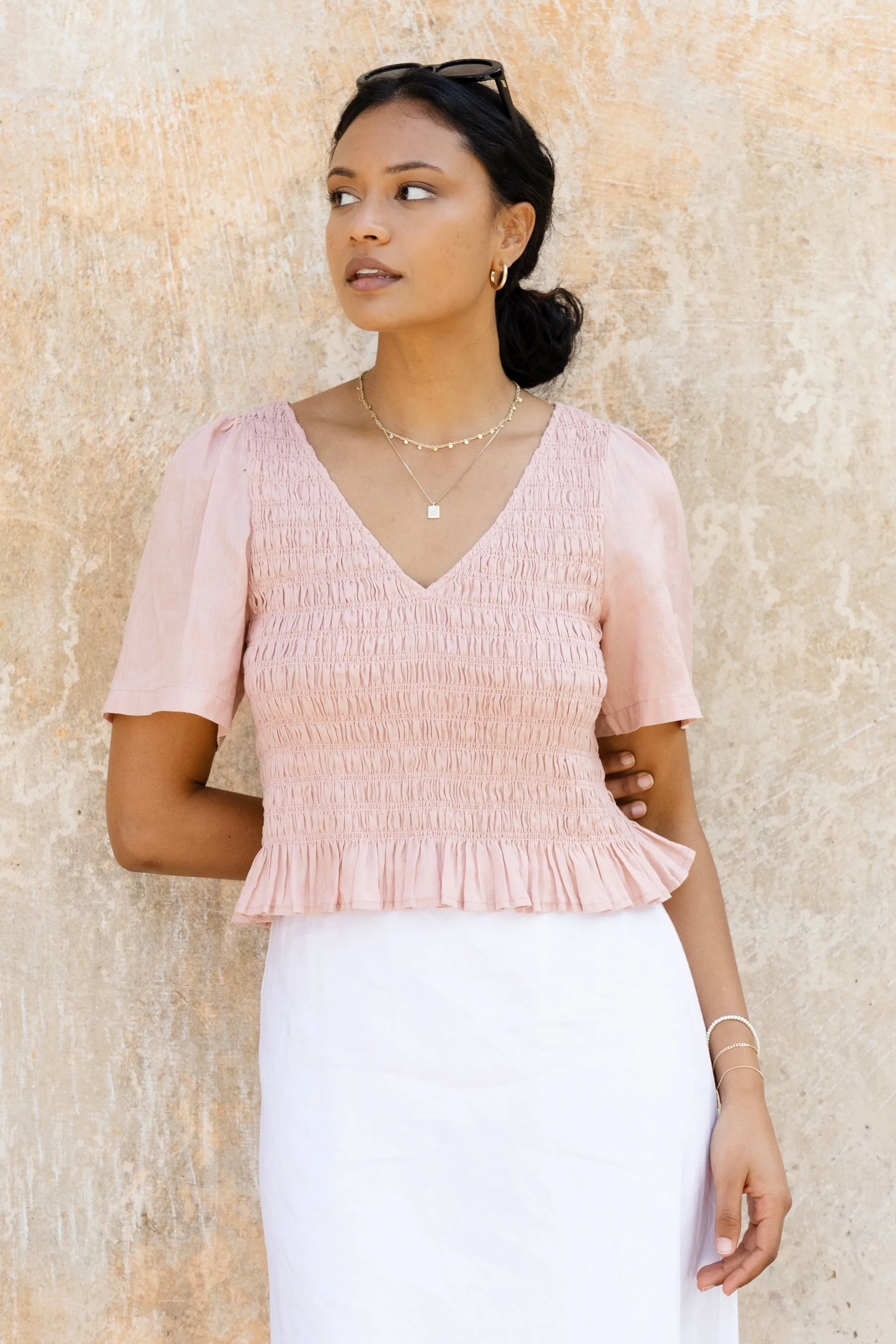 Dream Rose Linen V Neck SS Shirred Top