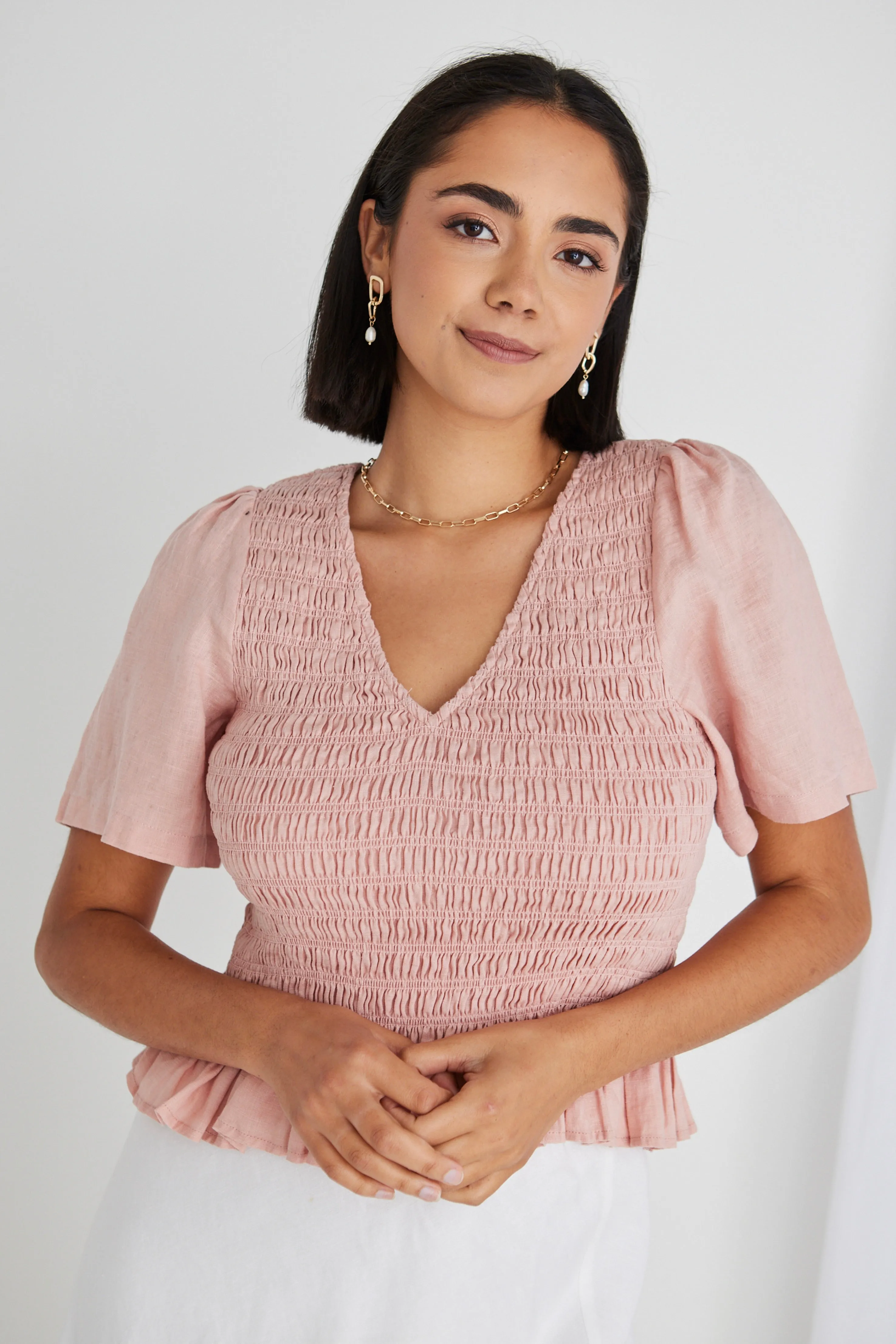 Dream Rose Linen V Neck SS Shirred Top