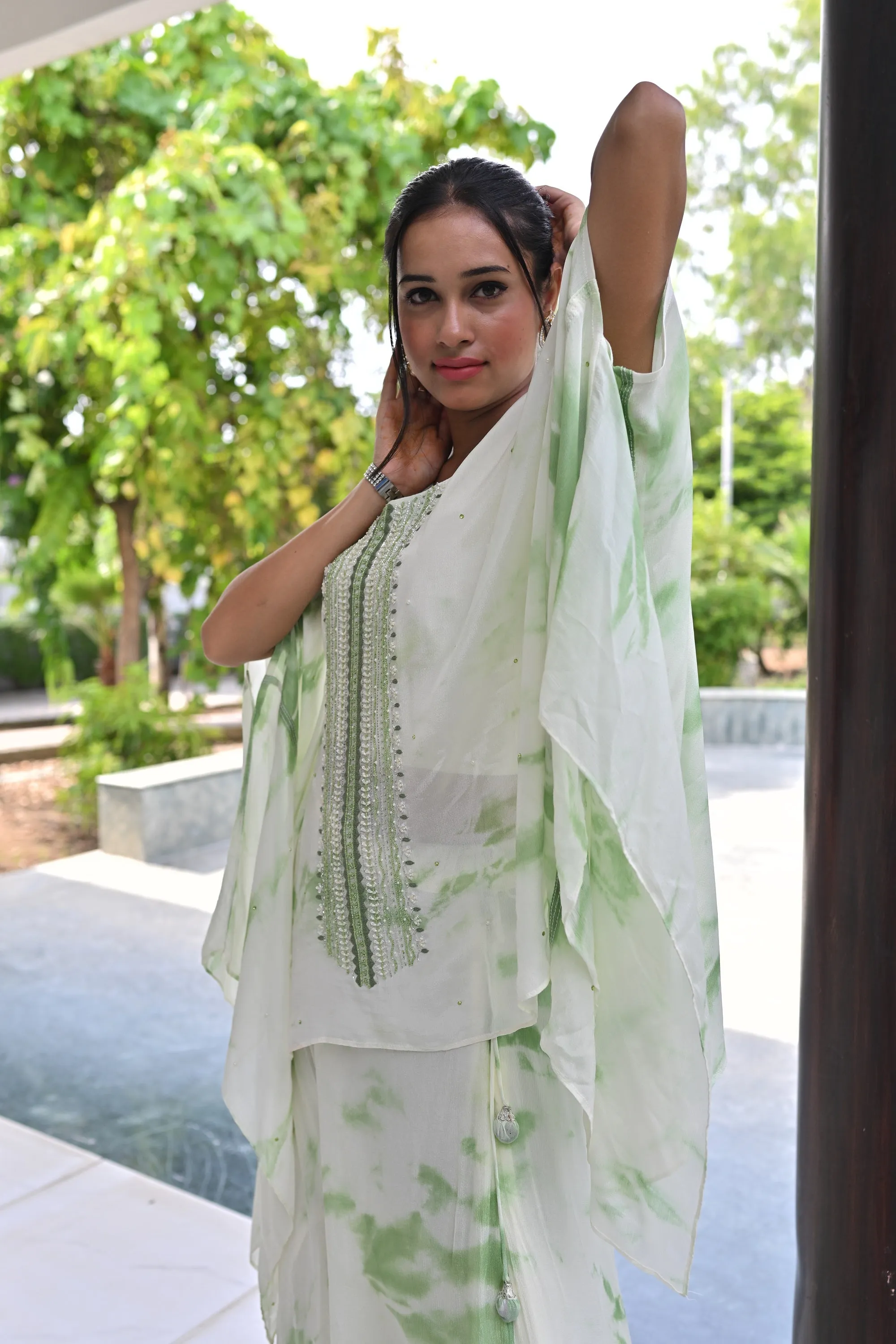 Elegant Hand embroidered Tie&Dye skirt top with Cape