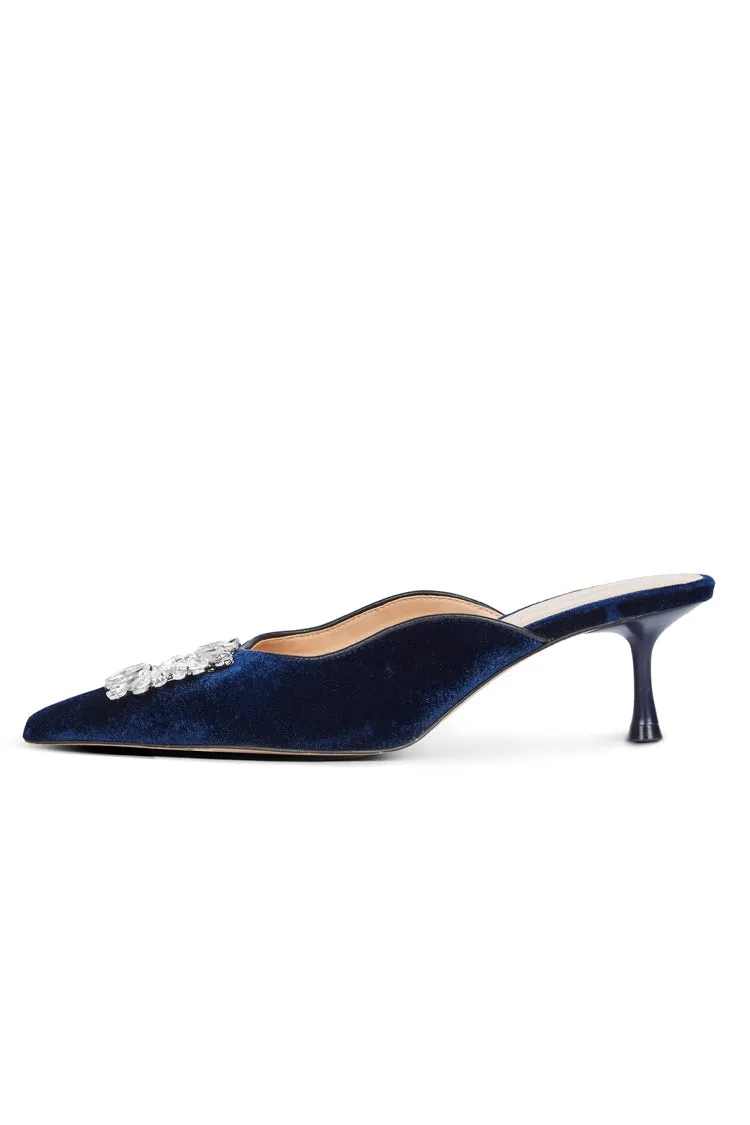 Embellished Navy Velvet City Mules