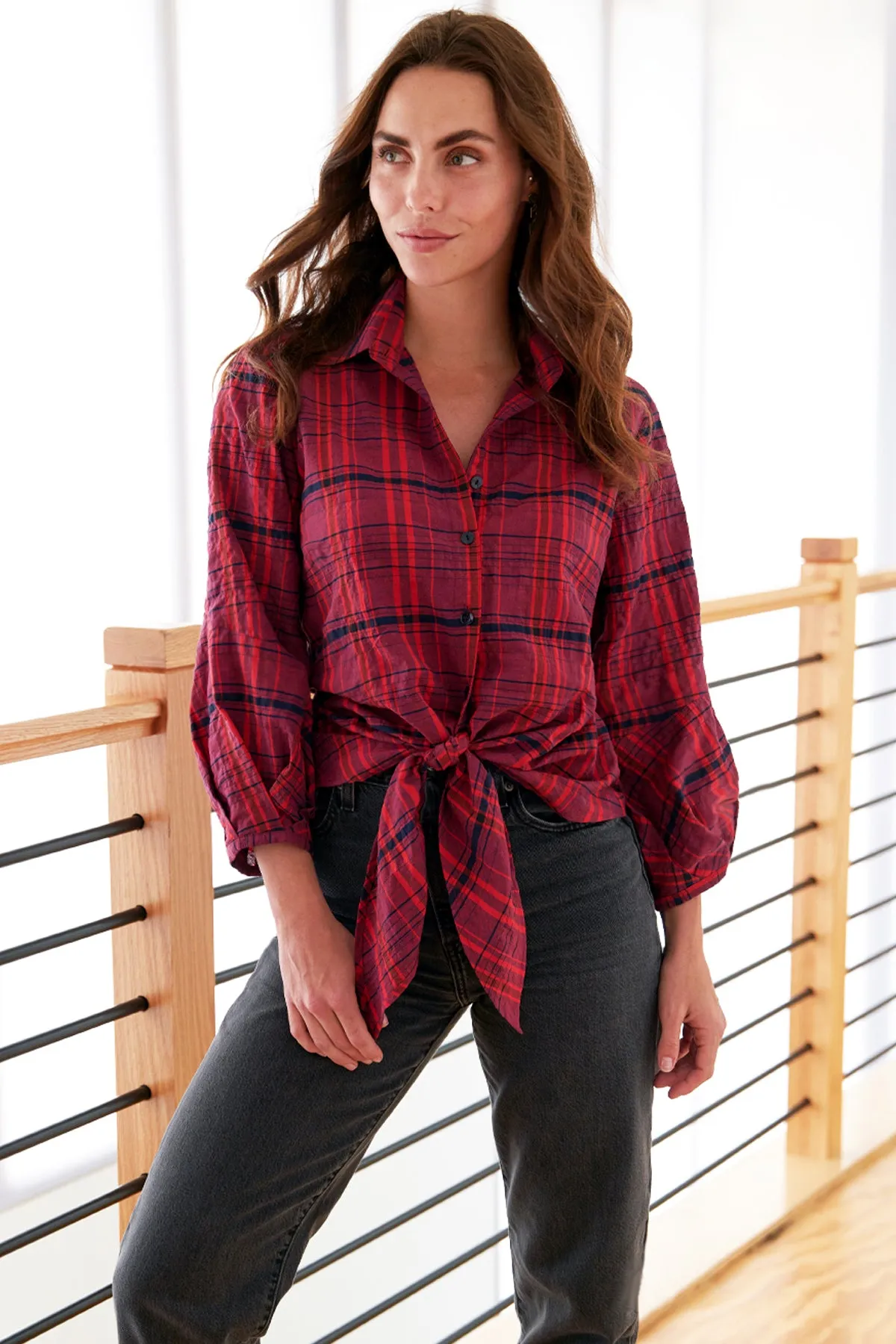 Emmy Cranberry Christmas Plaid Tie Front Shirt