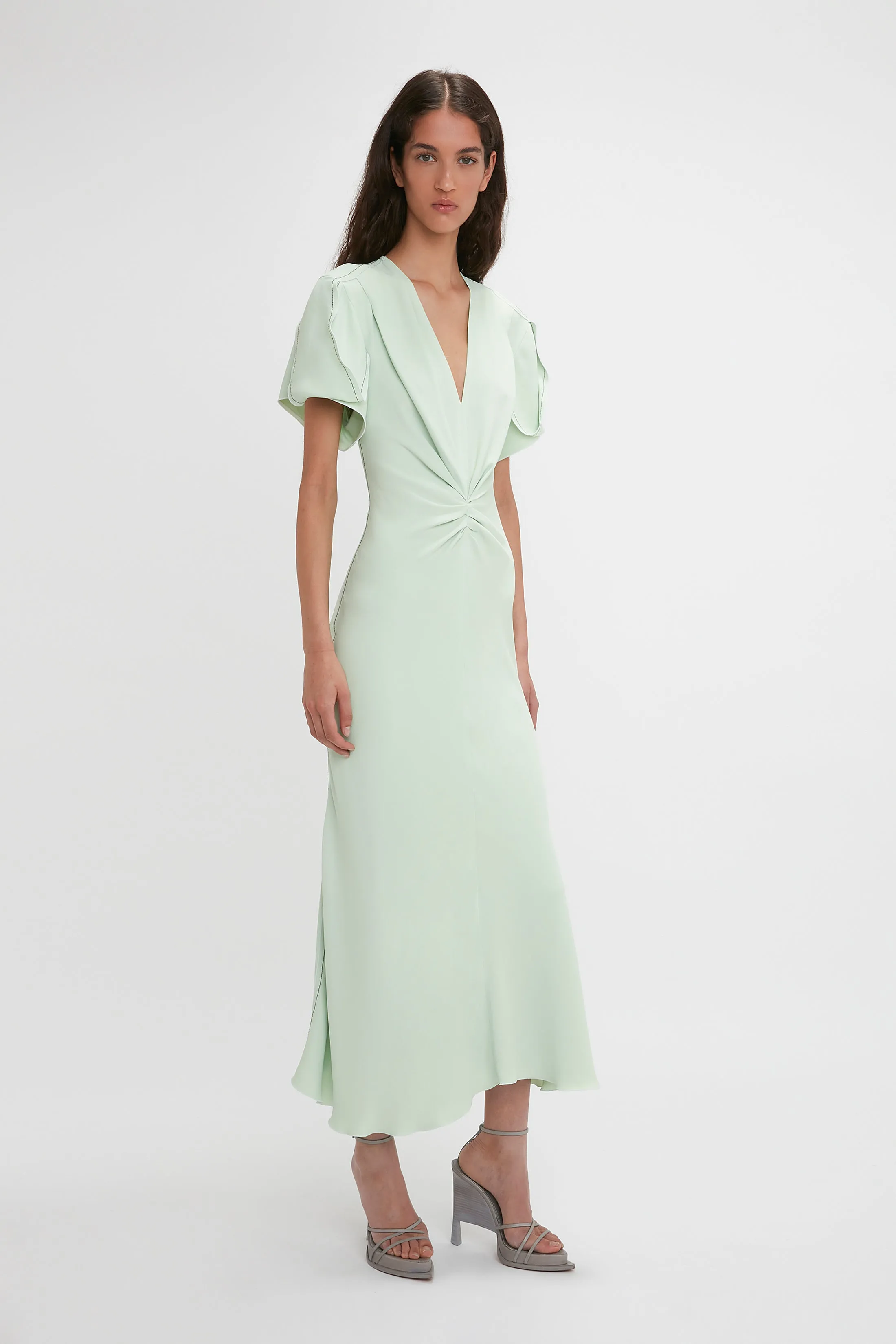 Gathered V-Neck Midi Dress In Jade