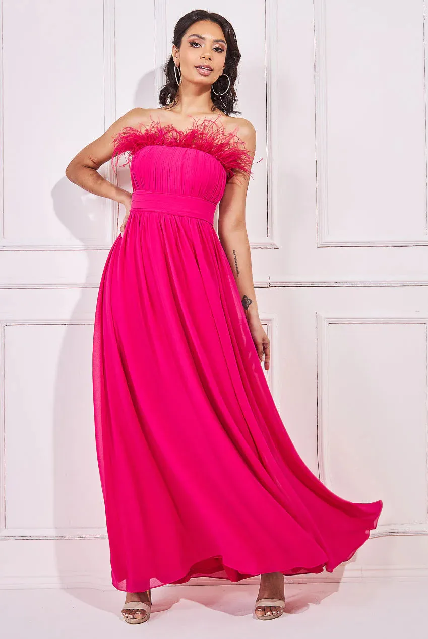 Goddiva Chiffon Feather Bandeau Maxi Dress