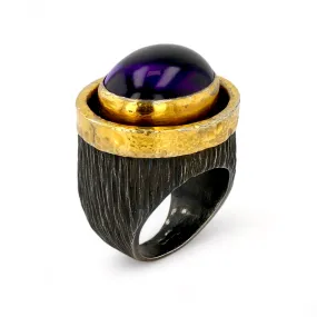 Gold 22k bezel  and oxidative silver 925 30CT oval amethyst handcrafted ring-227055