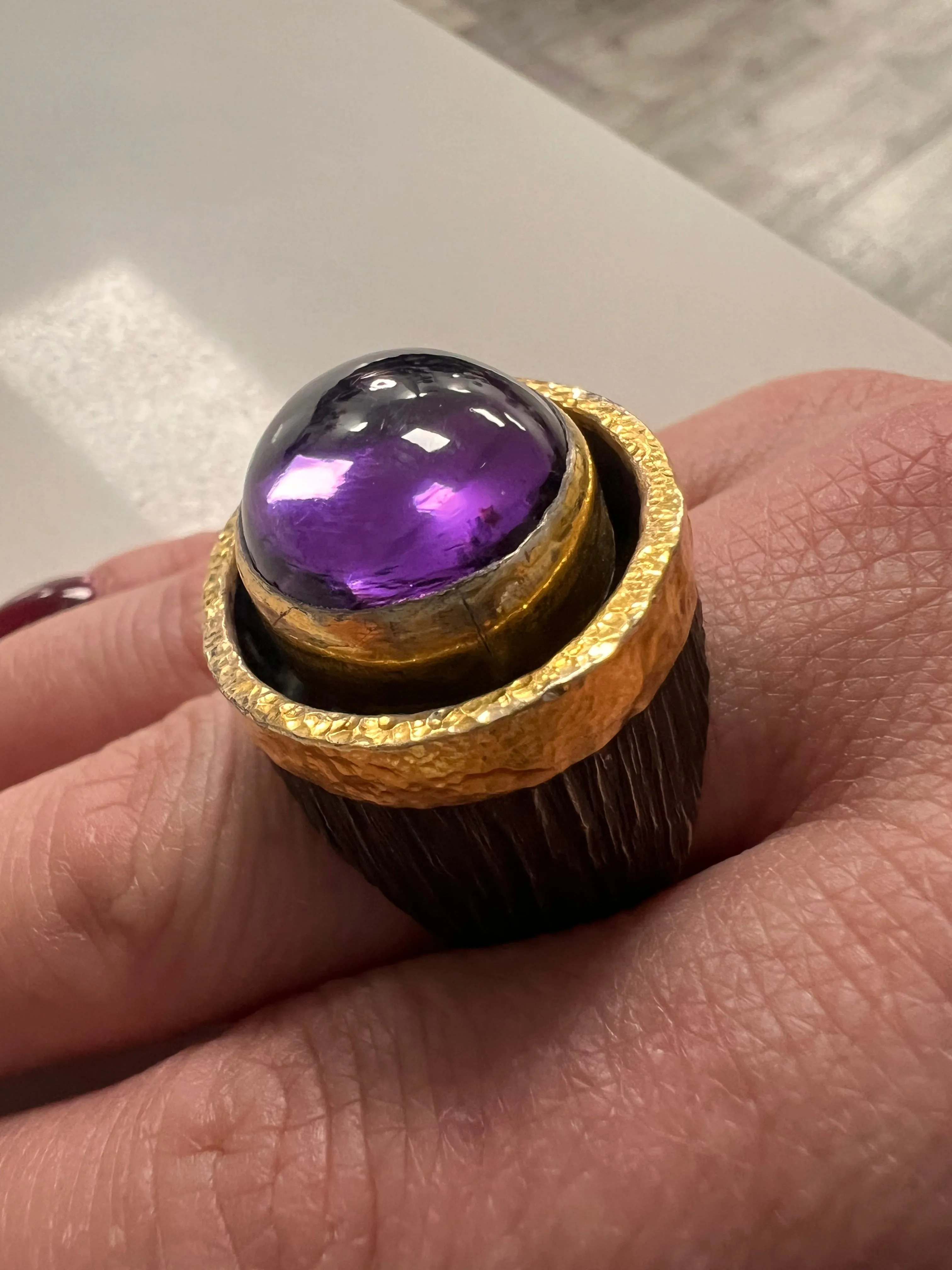 Gold 22k bezel  and oxidative silver 925 30CT oval amethyst handcrafted ring-227055