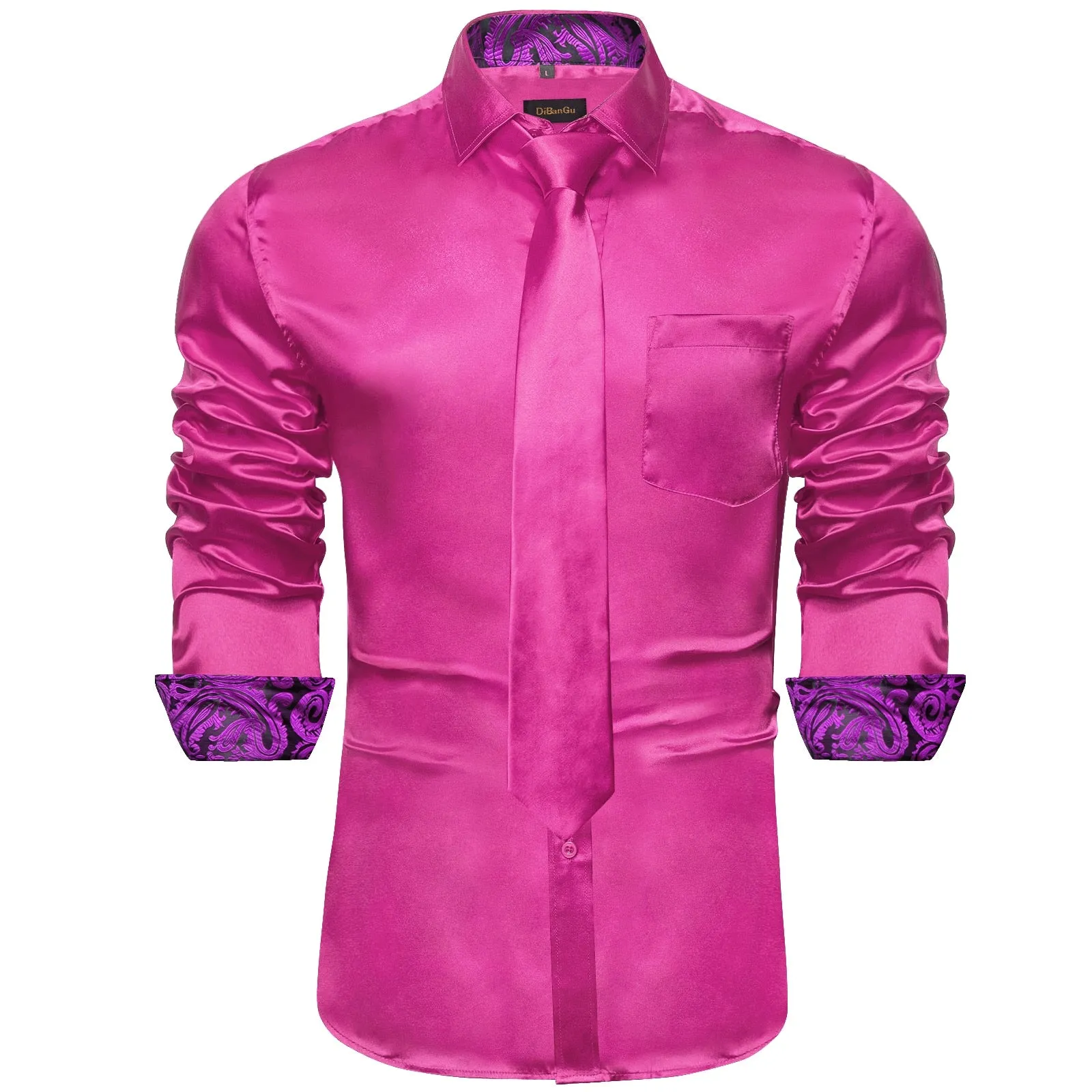 Hot Pink Designer Stretch Satin Shirts Men's Paisley Splicing Contrasting Colors Clothing Long Sleeve Social Shirts