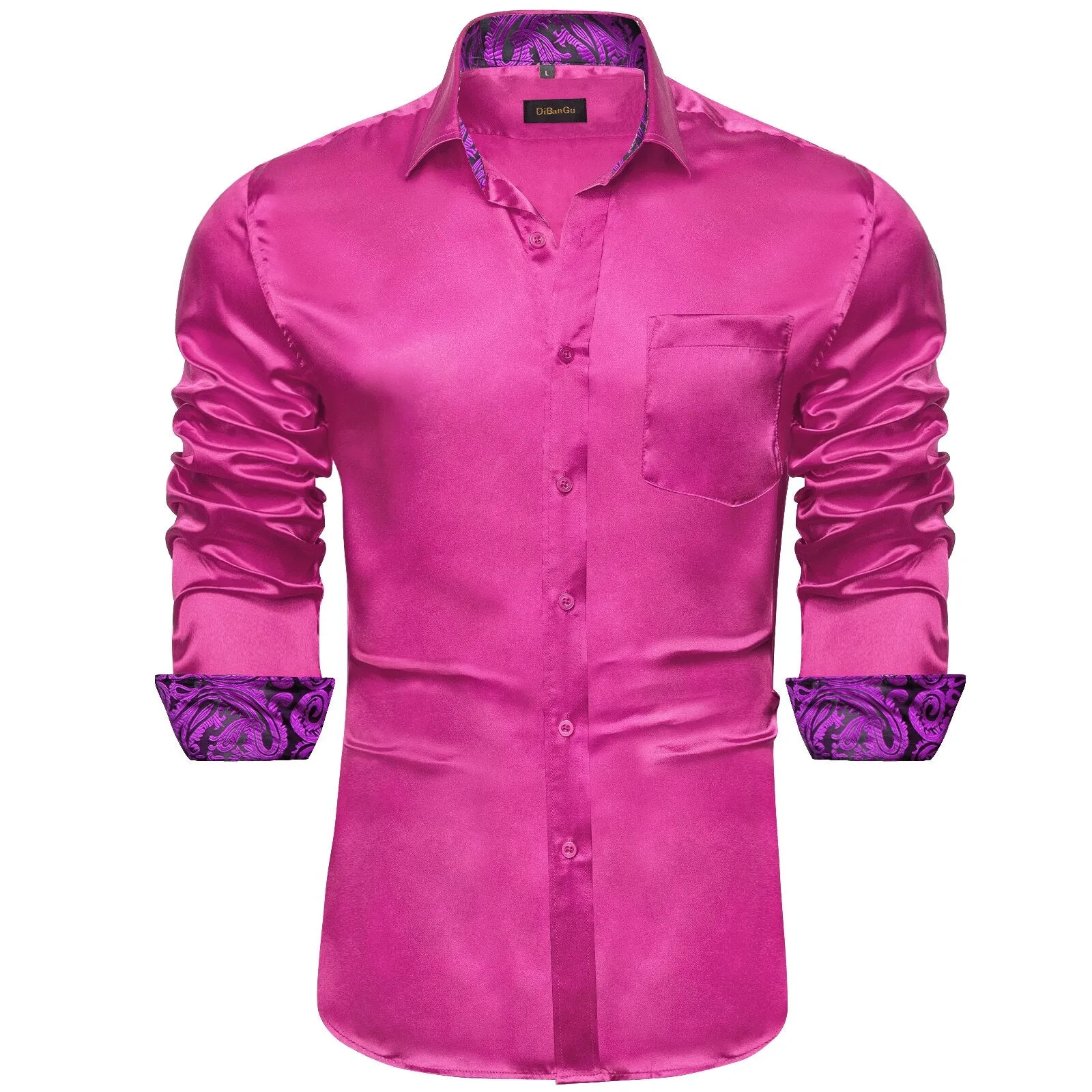 Hot Pink Designer Stretch Satin Shirts Men's Paisley Splicing Contrasting Colors Clothing Long Sleeve Social Shirts