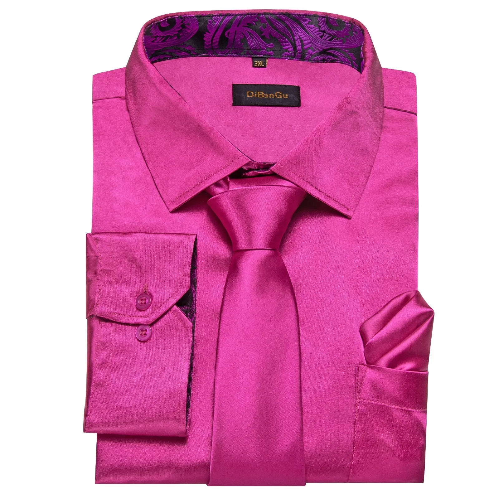 Hot Pink Designer Stretch Satin Shirts Men's Paisley Splicing Contrasting Colors Clothing Long Sleeve Social Shirts