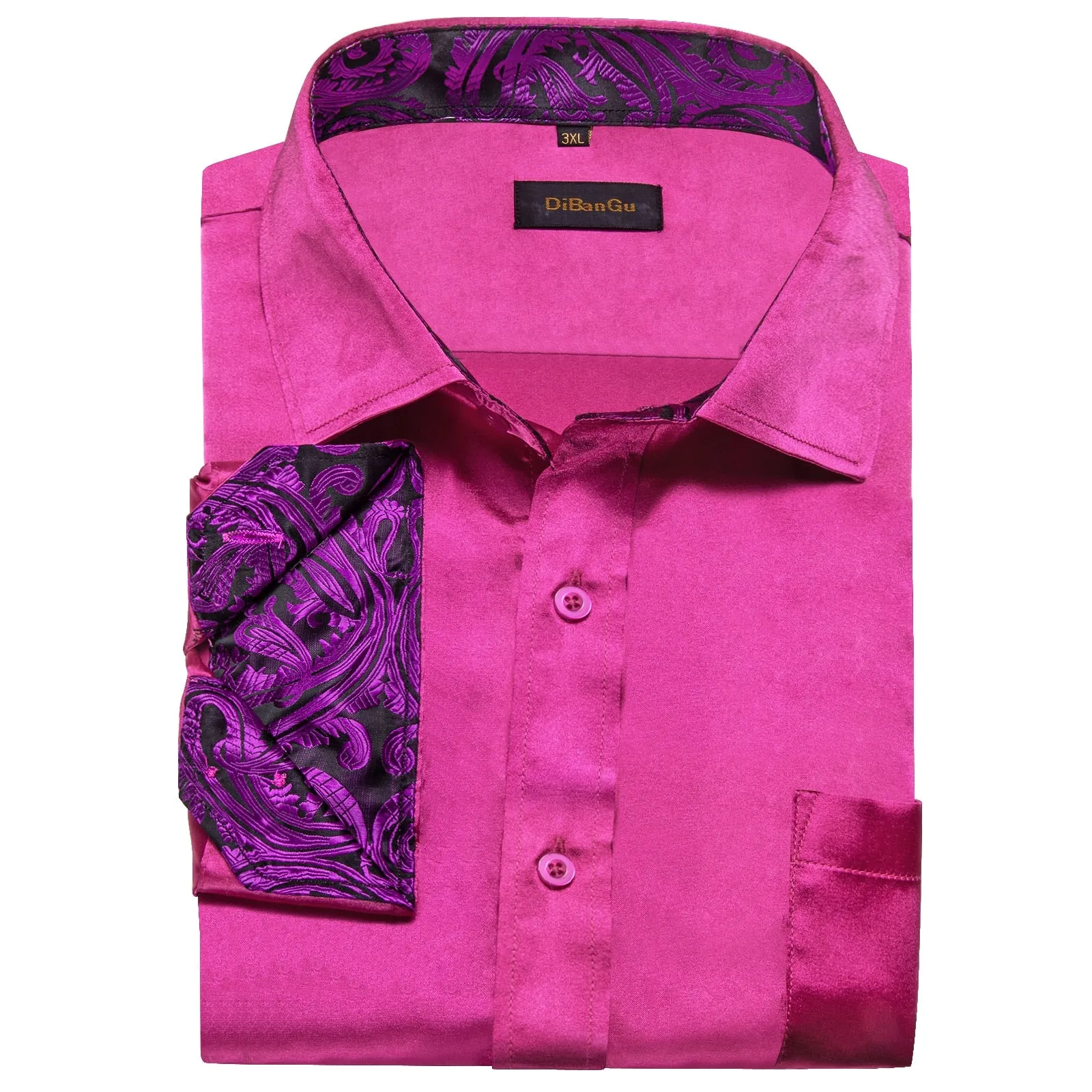 Hot Pink Designer Stretch Satin Shirts Men's Paisley Splicing Contrasting Colors Clothing Long Sleeve Social Shirts