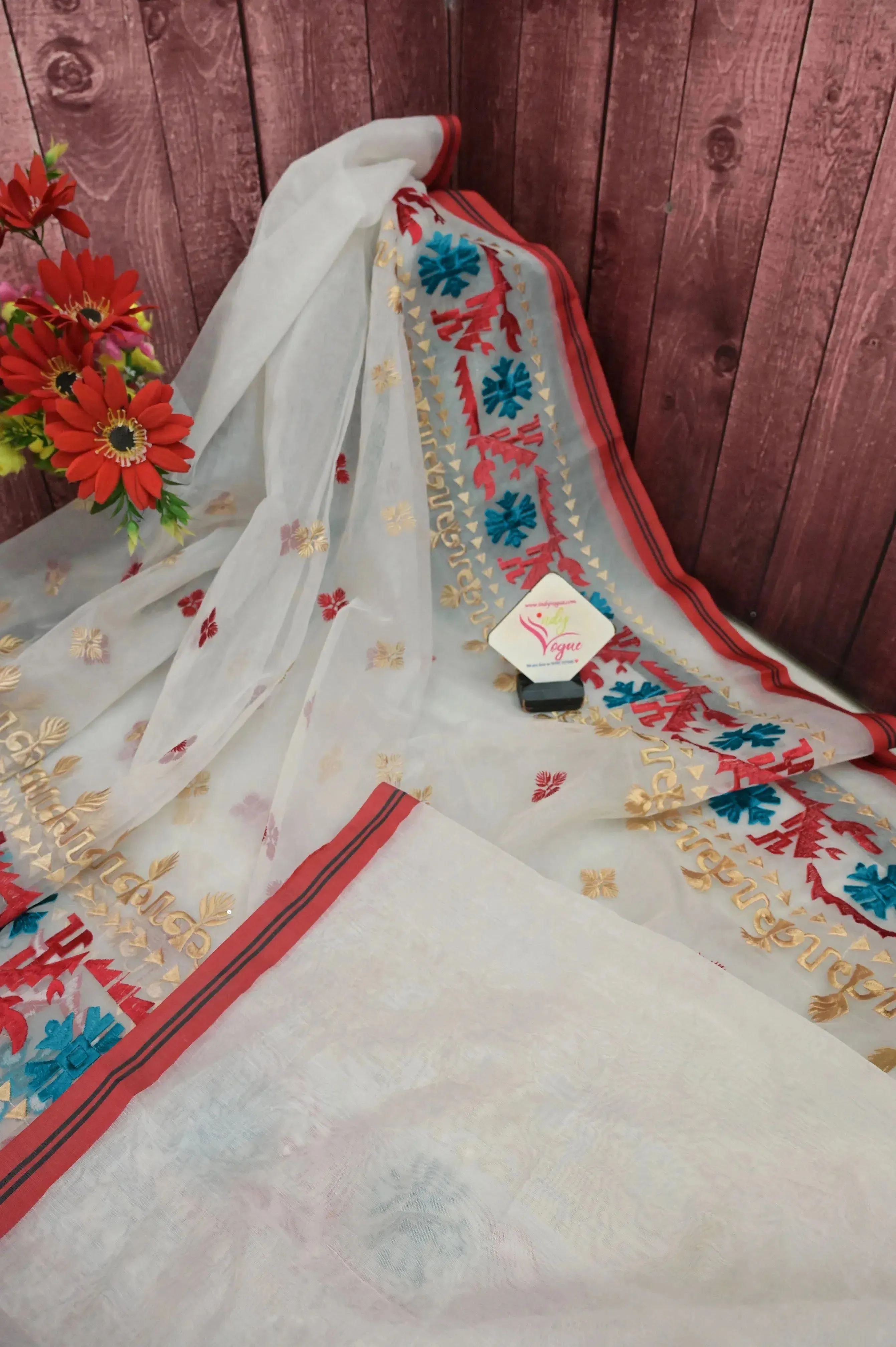 Ivory White Color Jamdani Muslin Saree with Embroidery Work