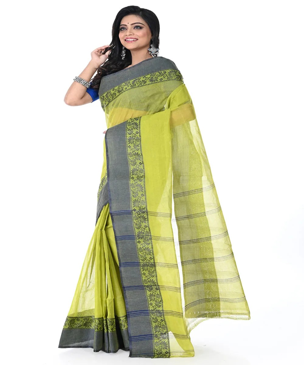 Lime green grey handwoven cotton tangail saree