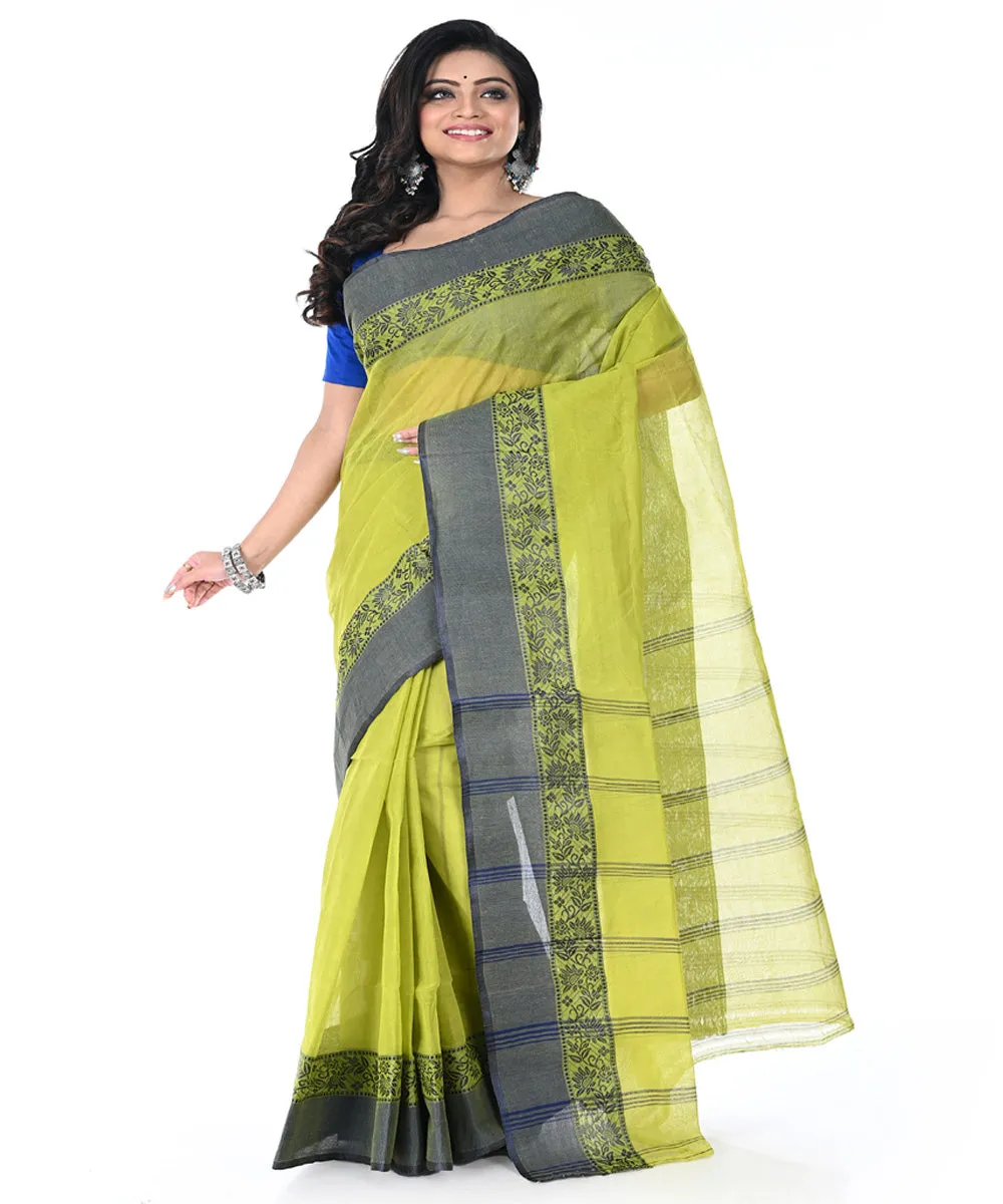 Lime green grey handwoven cotton tangail saree