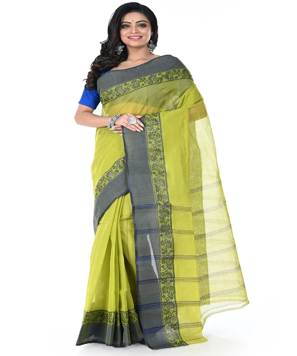 Lime green grey handwoven cotton tangail saree