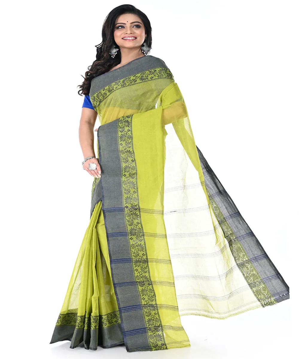 Lime green grey handwoven cotton tangail saree