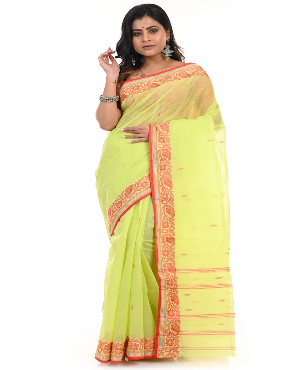 Lime green handwoven cotton shantipuri saree