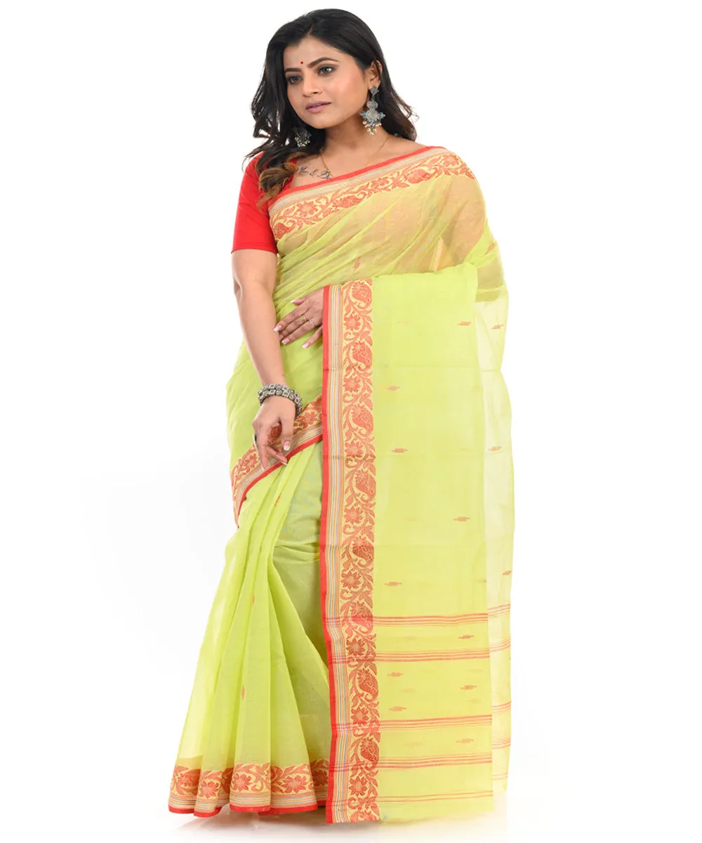 Lime green handwoven cotton shantipuri saree