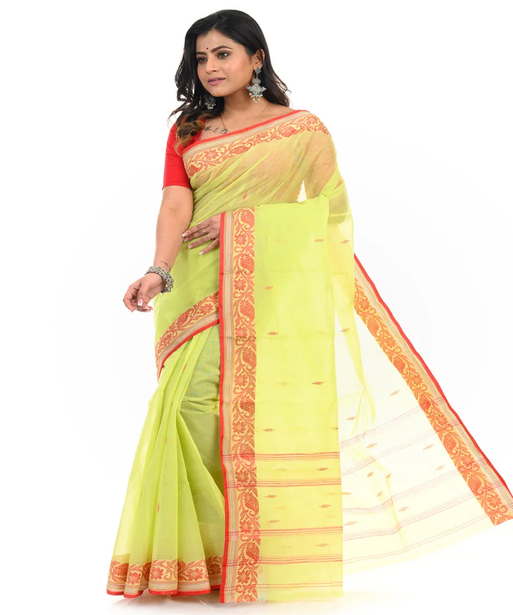 Lime green handwoven cotton shantipuri saree