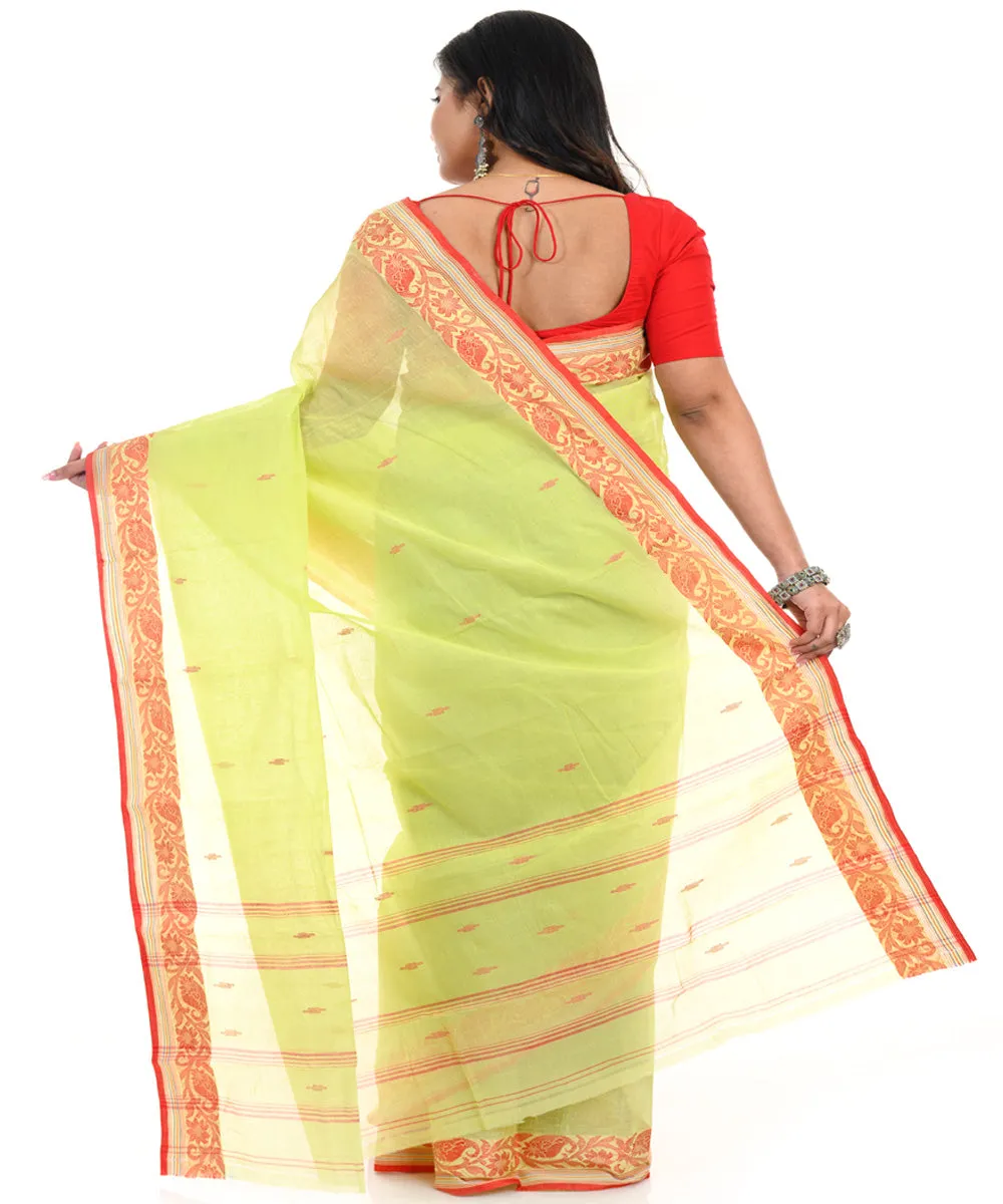 Lime green handwoven cotton shantipuri saree