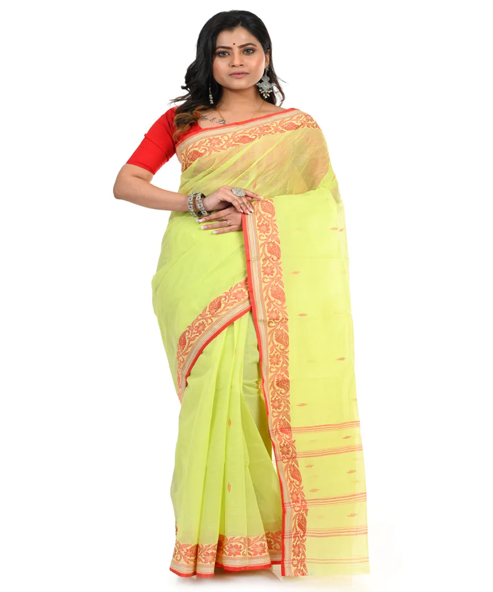 Lime green handwoven cotton shantipuri saree