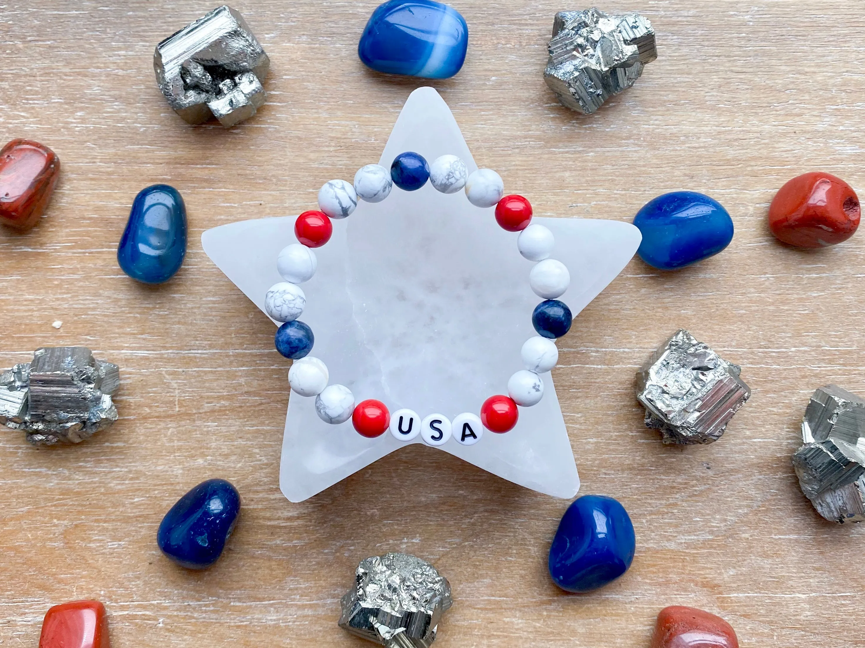 Limited Edition Patriotic Bracelet Collection || Howlite, Sodalite & Red Coral USA Bracelet || Reiki Infused