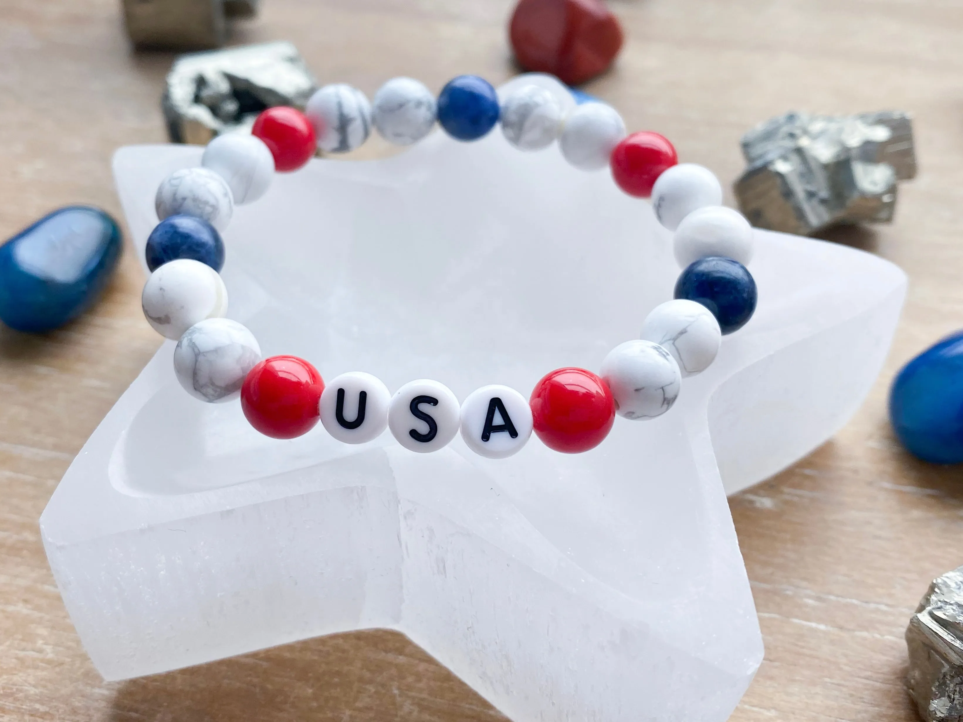 Limited Edition Patriotic Bracelet Collection || Howlite, Sodalite & Red Coral USA Bracelet || Reiki Infused