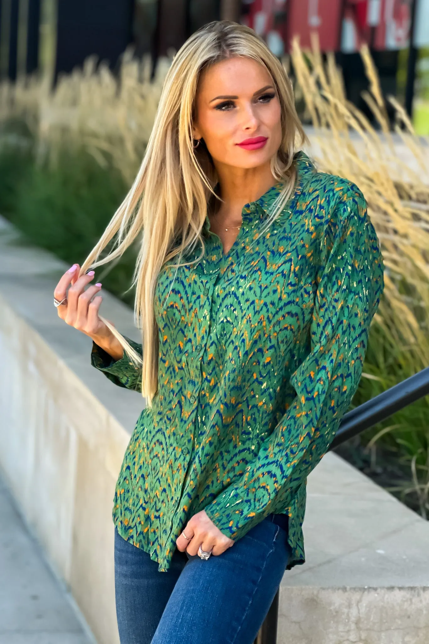 Liverpool Jenna Button Down Woven Blouse : Green/Multi