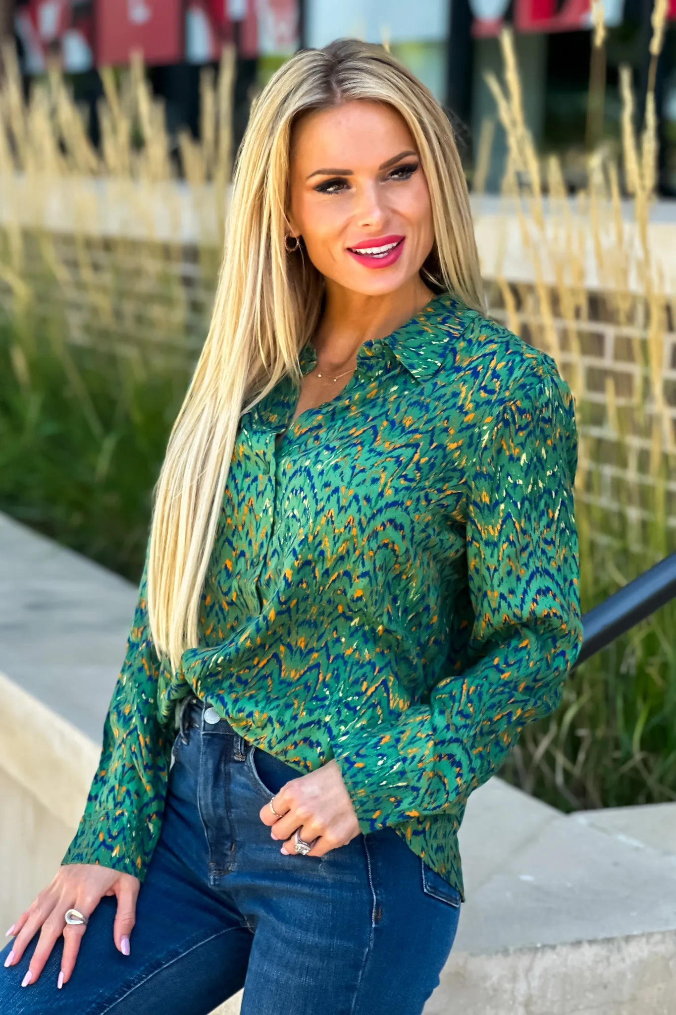 Liverpool Jenna Button Down Woven Blouse : Green/Multi