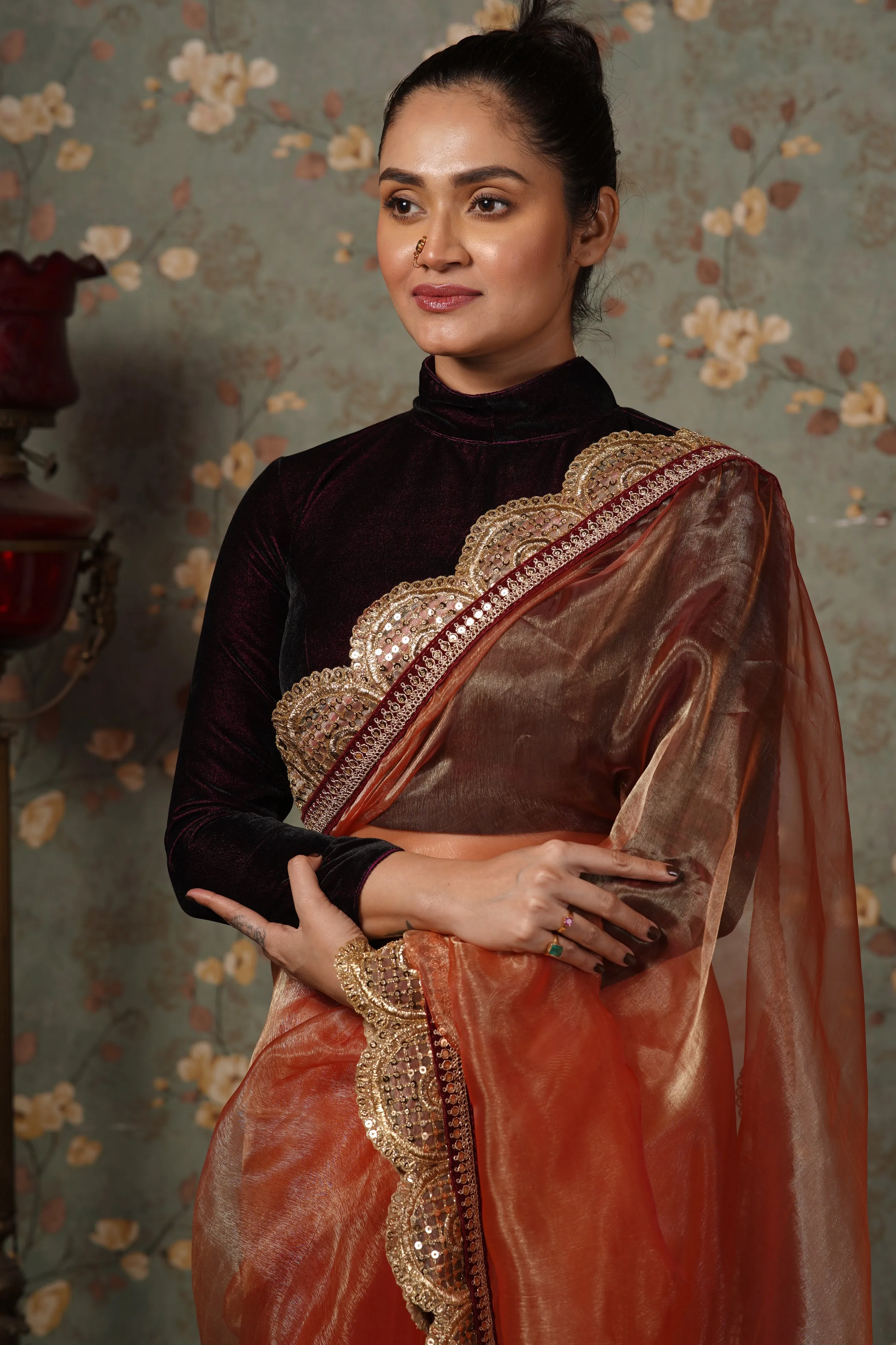 Marigold Glass Tissue Mehraab Border Saree