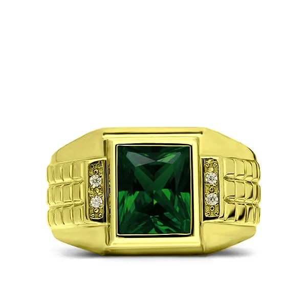 Mens Elegant Ring 18K Gold Green Emerald 4 Natural Diamonds Solid Ring for Man