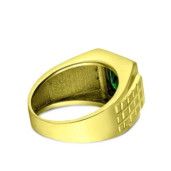 Mens Elegant Ring 18K Gold Green Emerald 4 Natural Diamonds Solid Ring for Man