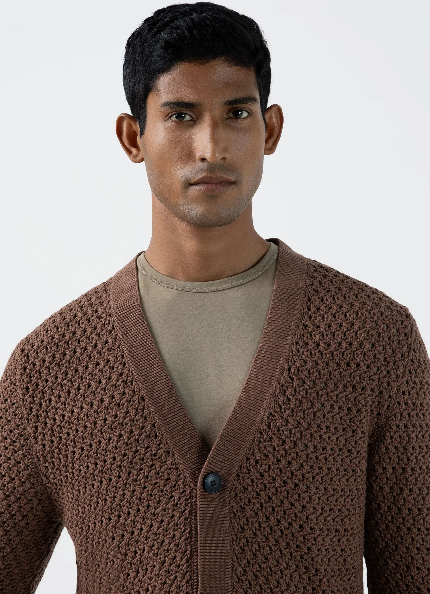 Men's Open Stitch Cardigan in Brown