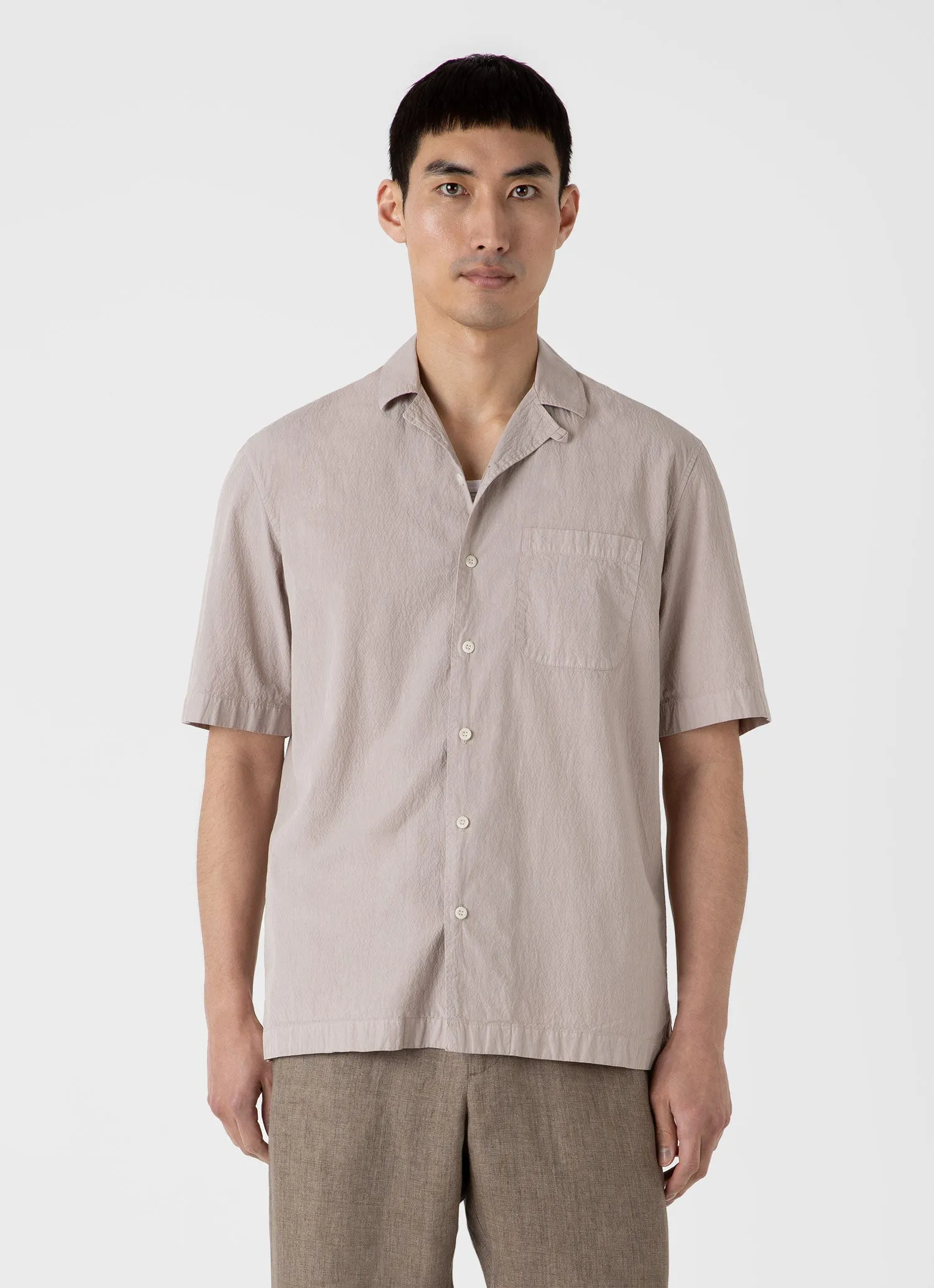 Men's Seersucker Camp Collar Shirt in Light Sand