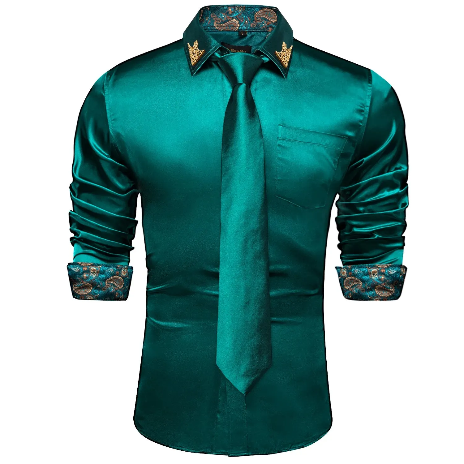 Men's Shirts Long Sleeve Stretch Satin Social Dress Paisley Splicing Contrasting Colors Tuxedo Shirt Blouse Clothing