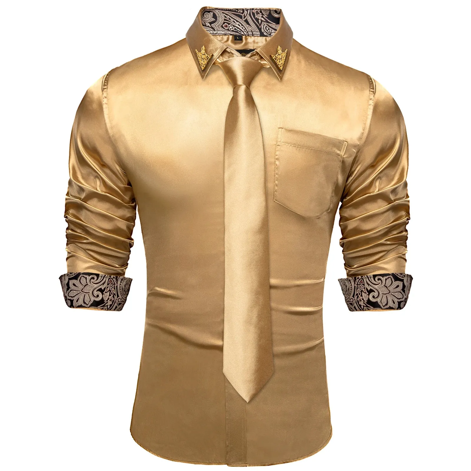 Men's Shirts Long Sleeve Stretch Satin Social Dress Paisley Splicing Contrasting Colors Tuxedo Shirt Blouse Clothing