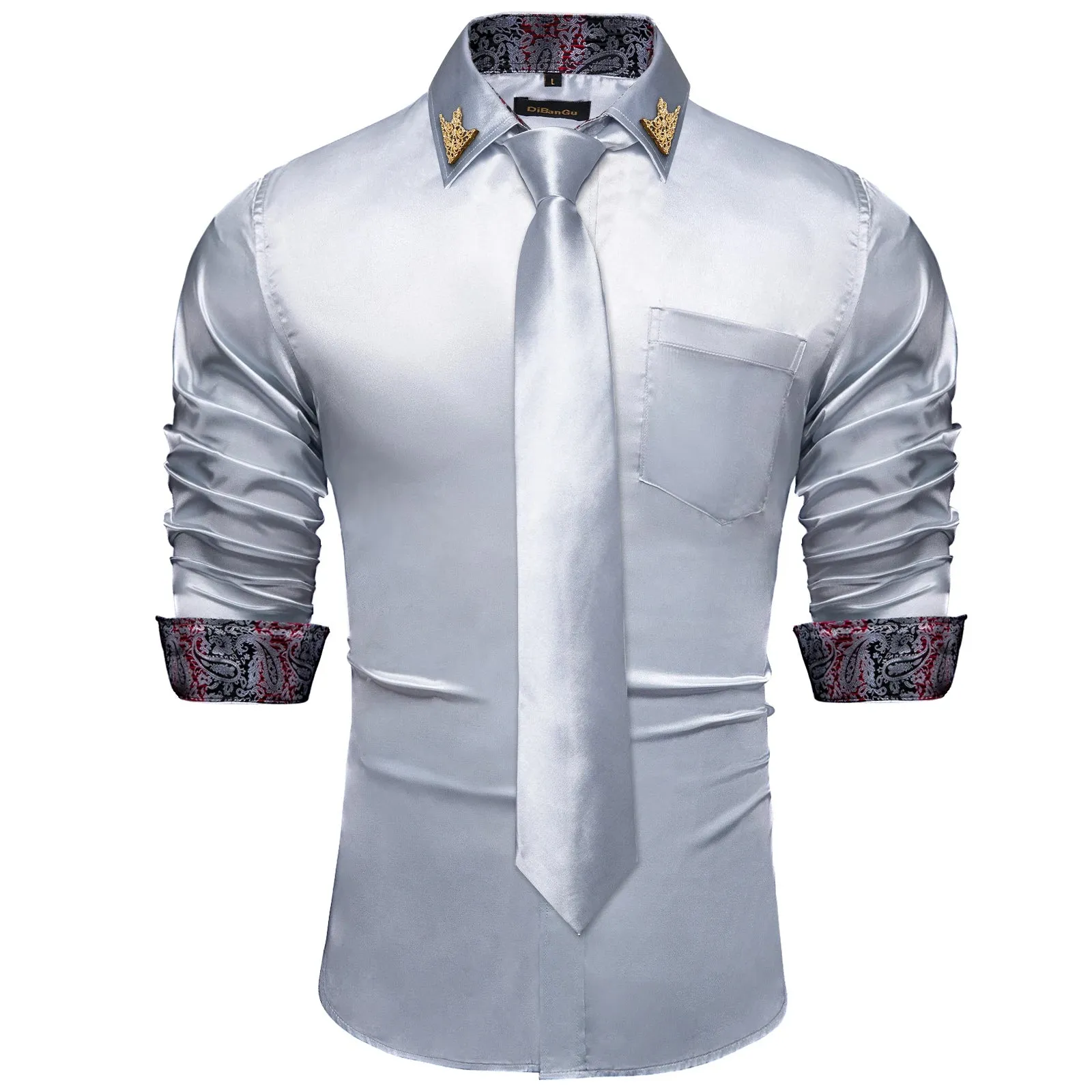 Men's Shirts Long Sleeve Stretch Satin Social Dress Paisley Splicing Contrasting Colors Tuxedo Shirt Blouse Clothing