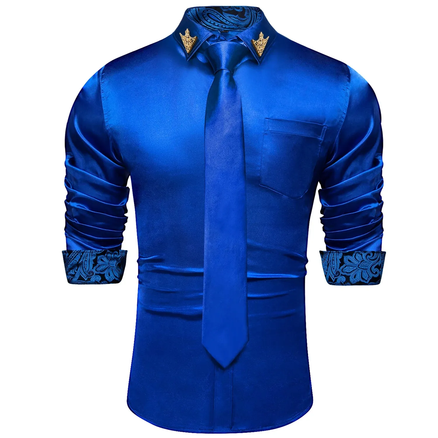 Men's Shirts Long Sleeve Stretch Satin Social Dress Paisley Splicing Contrasting Colors Tuxedo Shirt Blouse Clothing