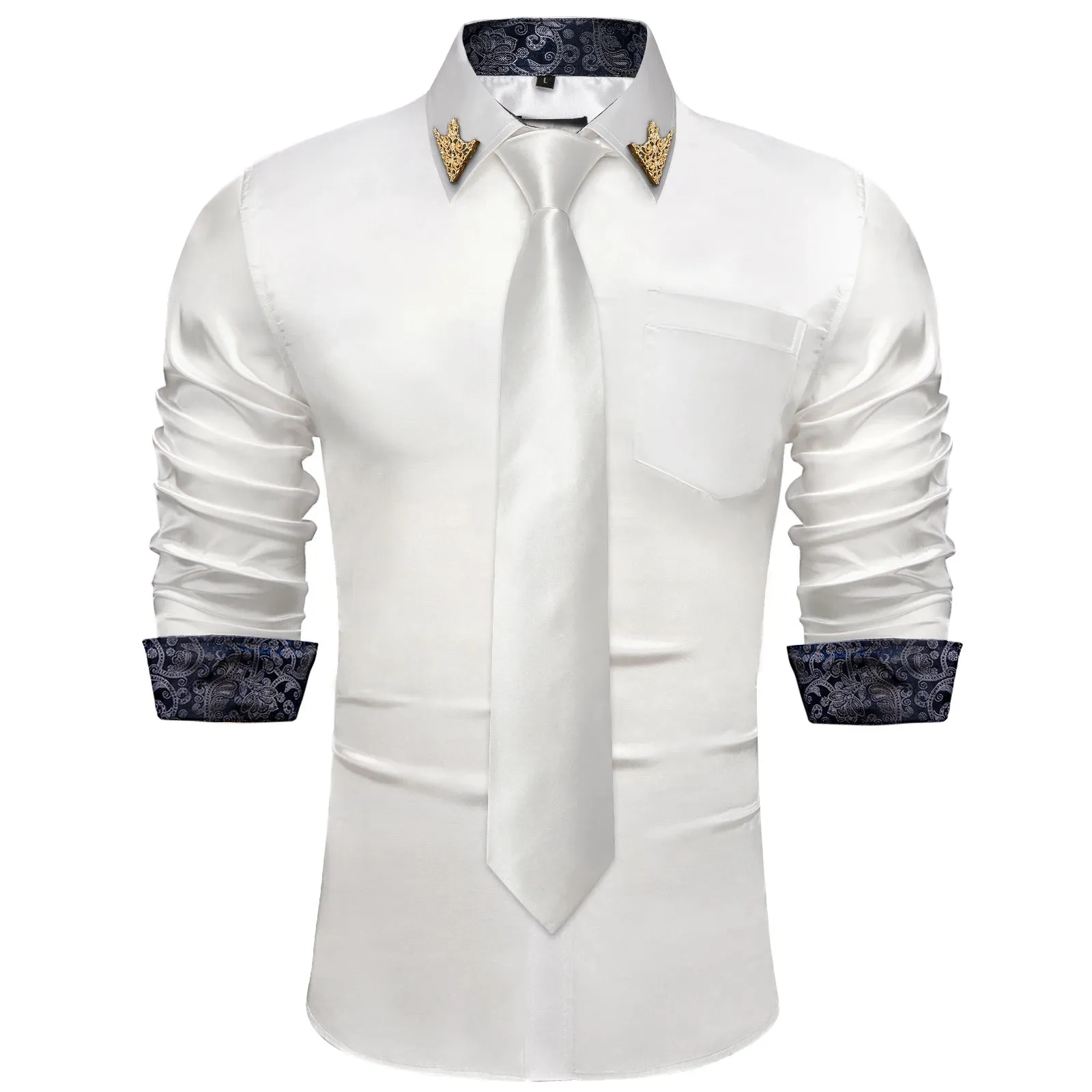 Men's Shirts Long Sleeve Stretch Satin Social Dress Paisley Splicing Contrasting Colors Tuxedo Shirt Blouse Clothing