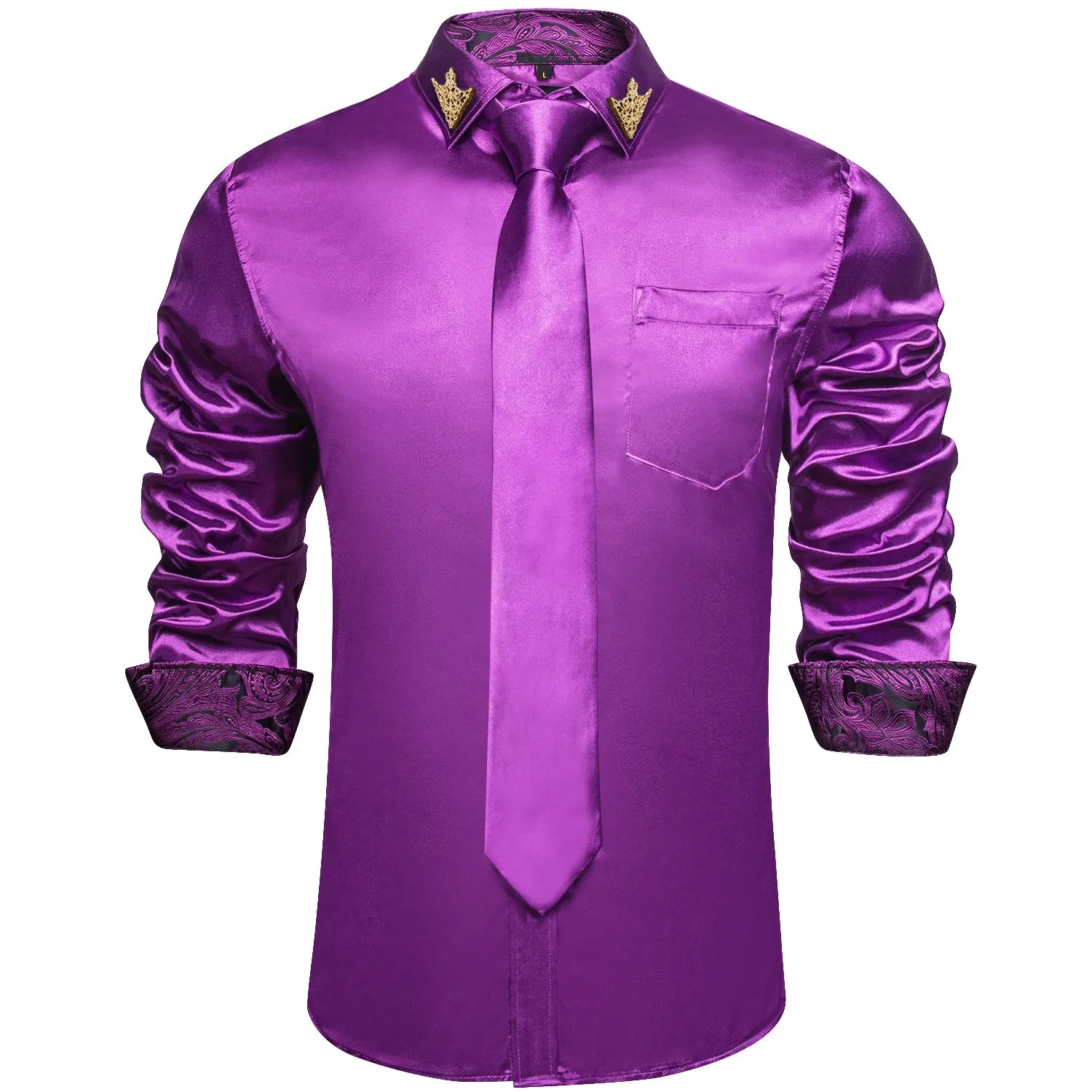 Men's Shirts Long Sleeve Stretch Satin Social Dress Paisley Splicing Contrasting Colors Tuxedo Shirt Blouse Clothing