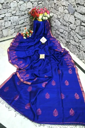 Midnight Blue Color Pure Matka Saree with Copper Zari Border and Meenakari Weaving