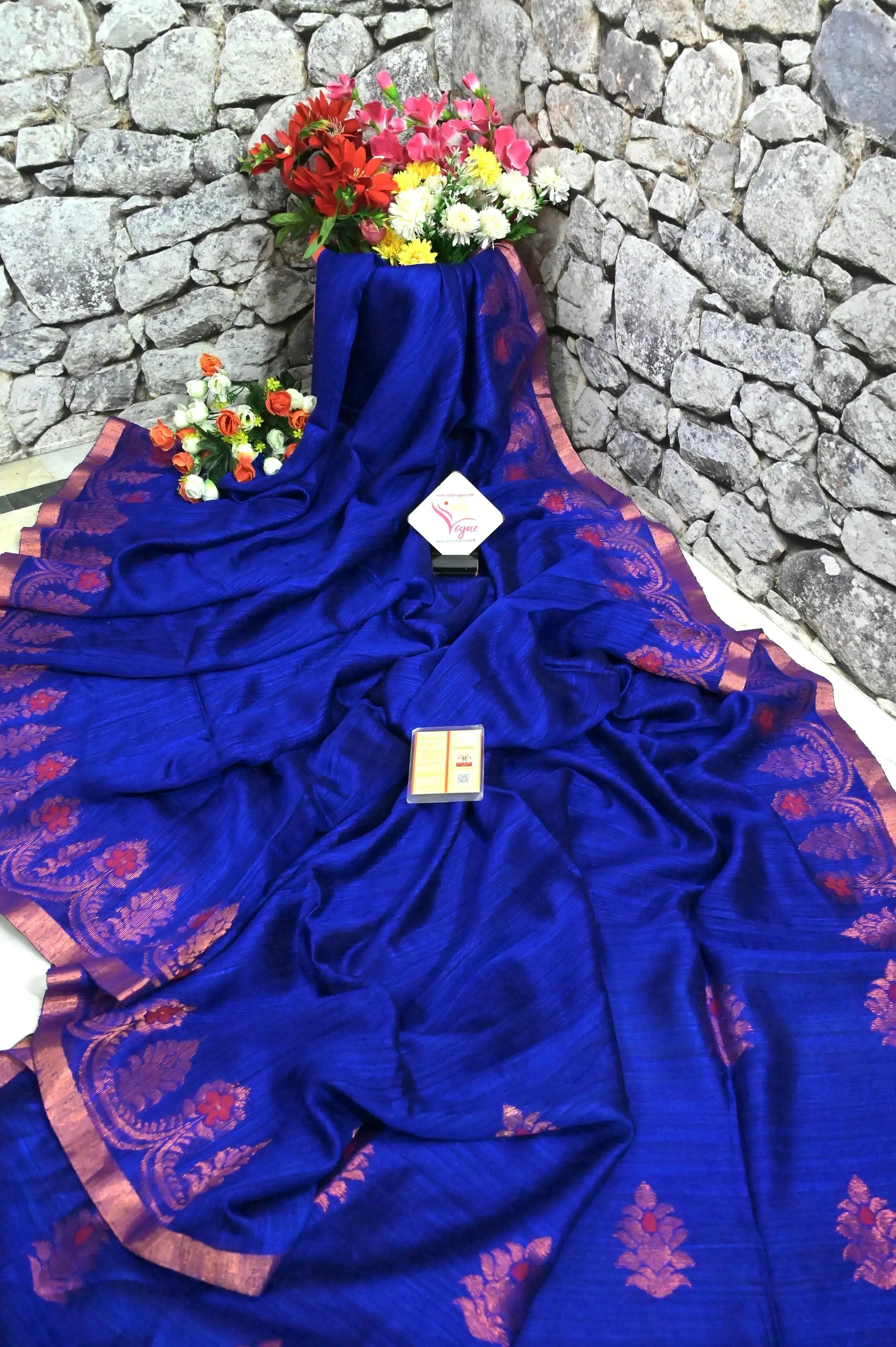 Midnight Blue Color Pure Matka Saree with Copper Zari Border and Meenakari Weaving