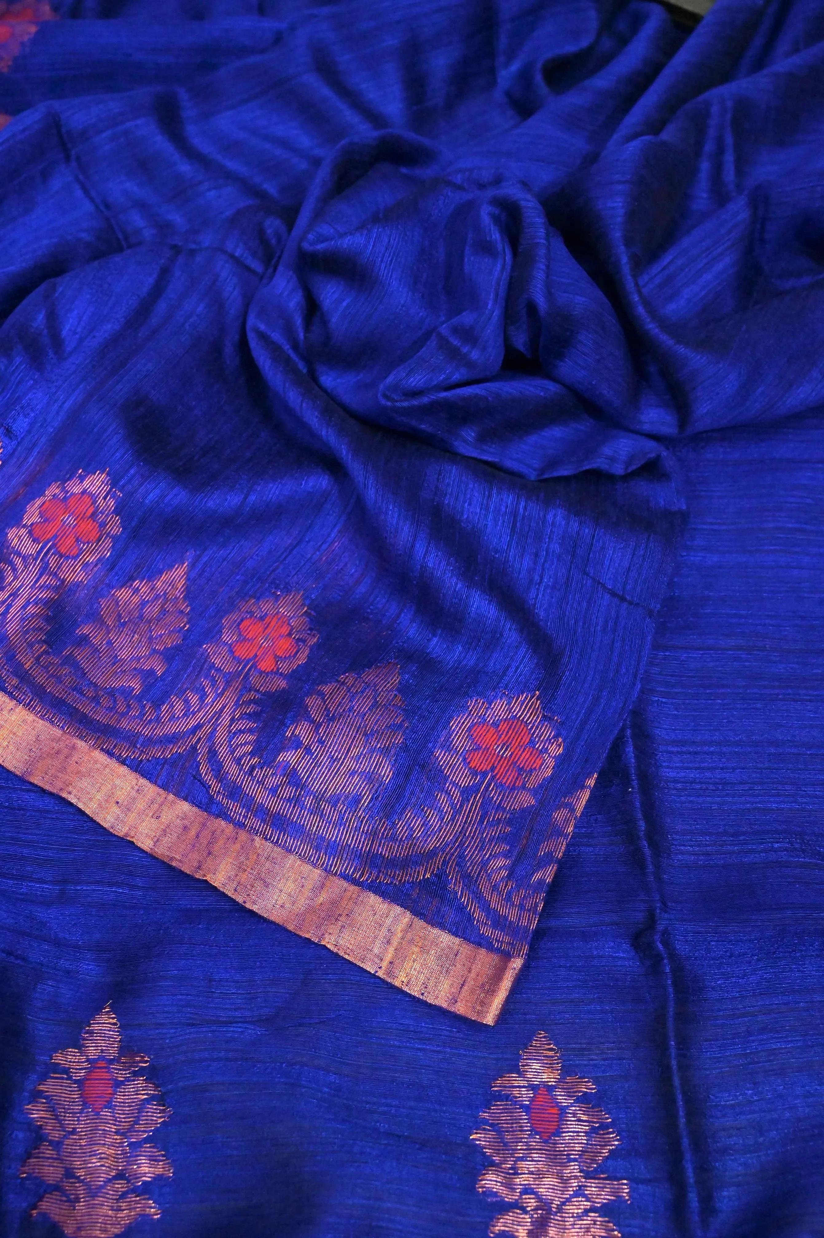 Midnight Blue Color Pure Matka Saree with Copper Zari Border and Meenakari Weaving