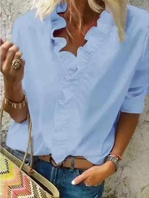 Modern V Neck Women's Blouse Shirt with Lettuce Trim