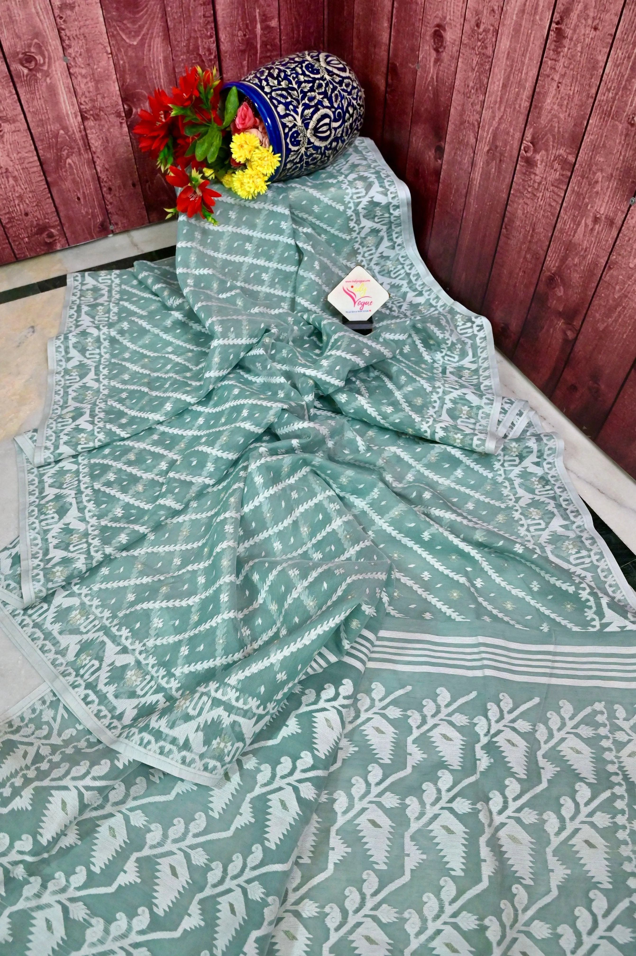 Moss Green and White Jamdani Saree