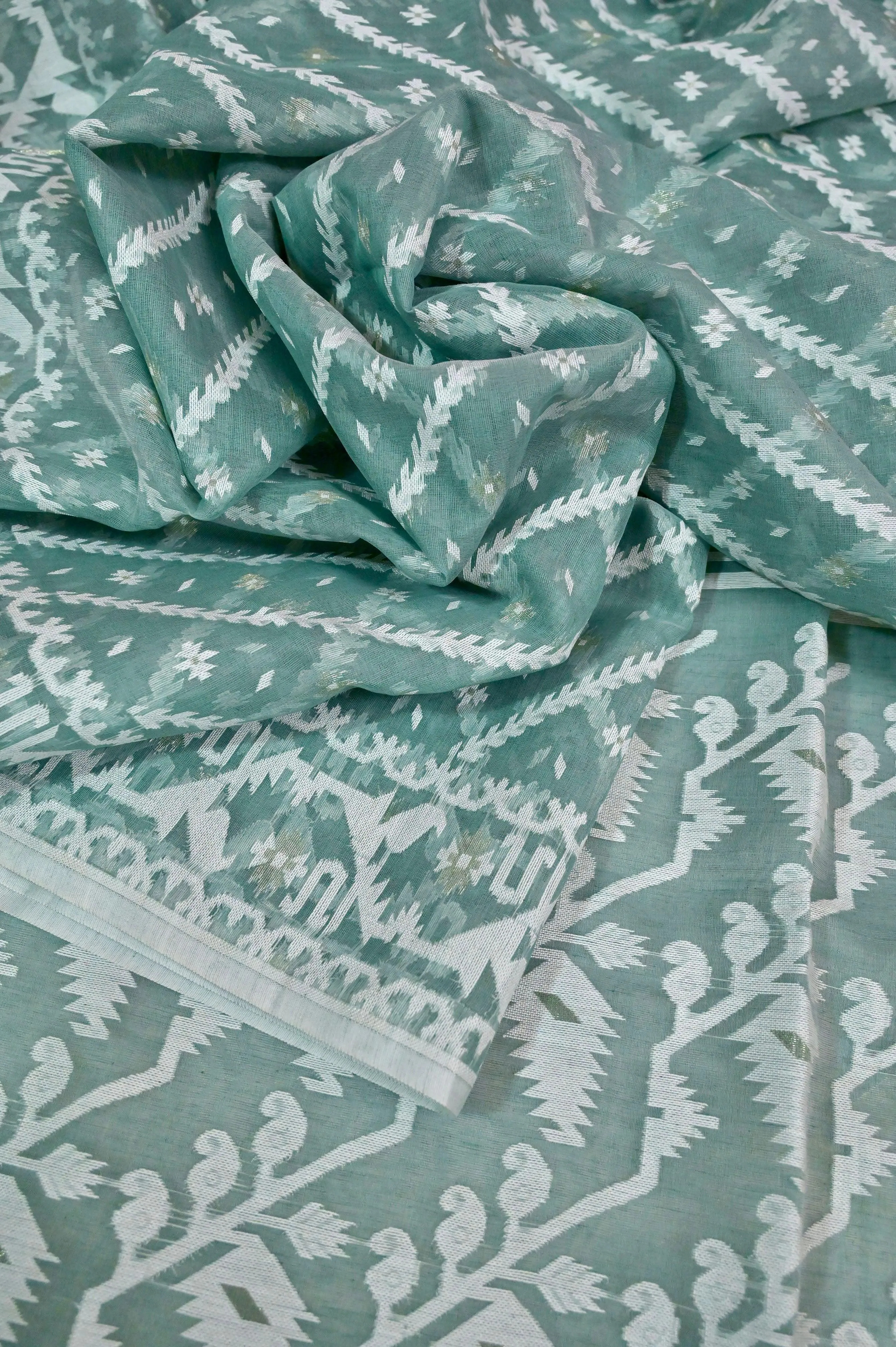 Moss Green and White Jamdani Saree