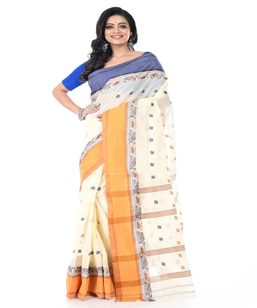 Offwhite brown handwoven cotton tangail saree