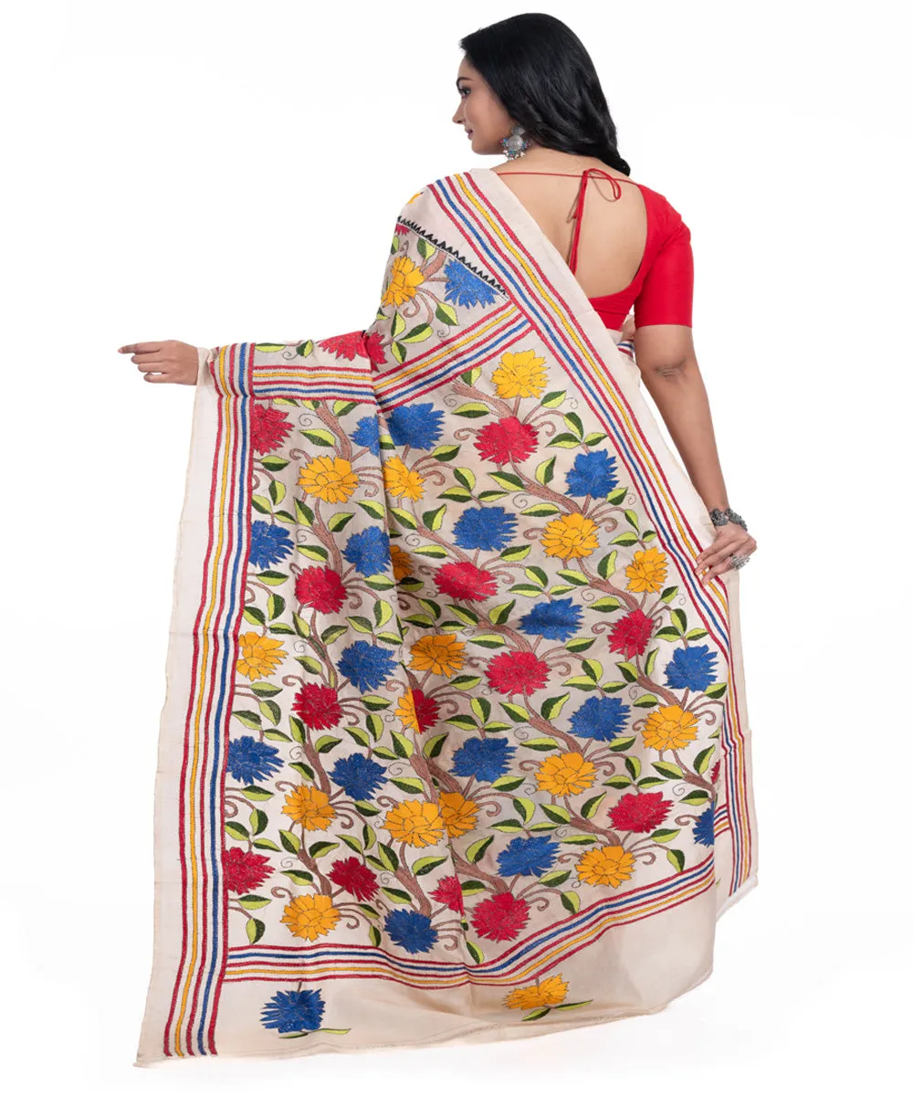 Offwhite yellow blue handwoven tussar silk kantha stitch saree