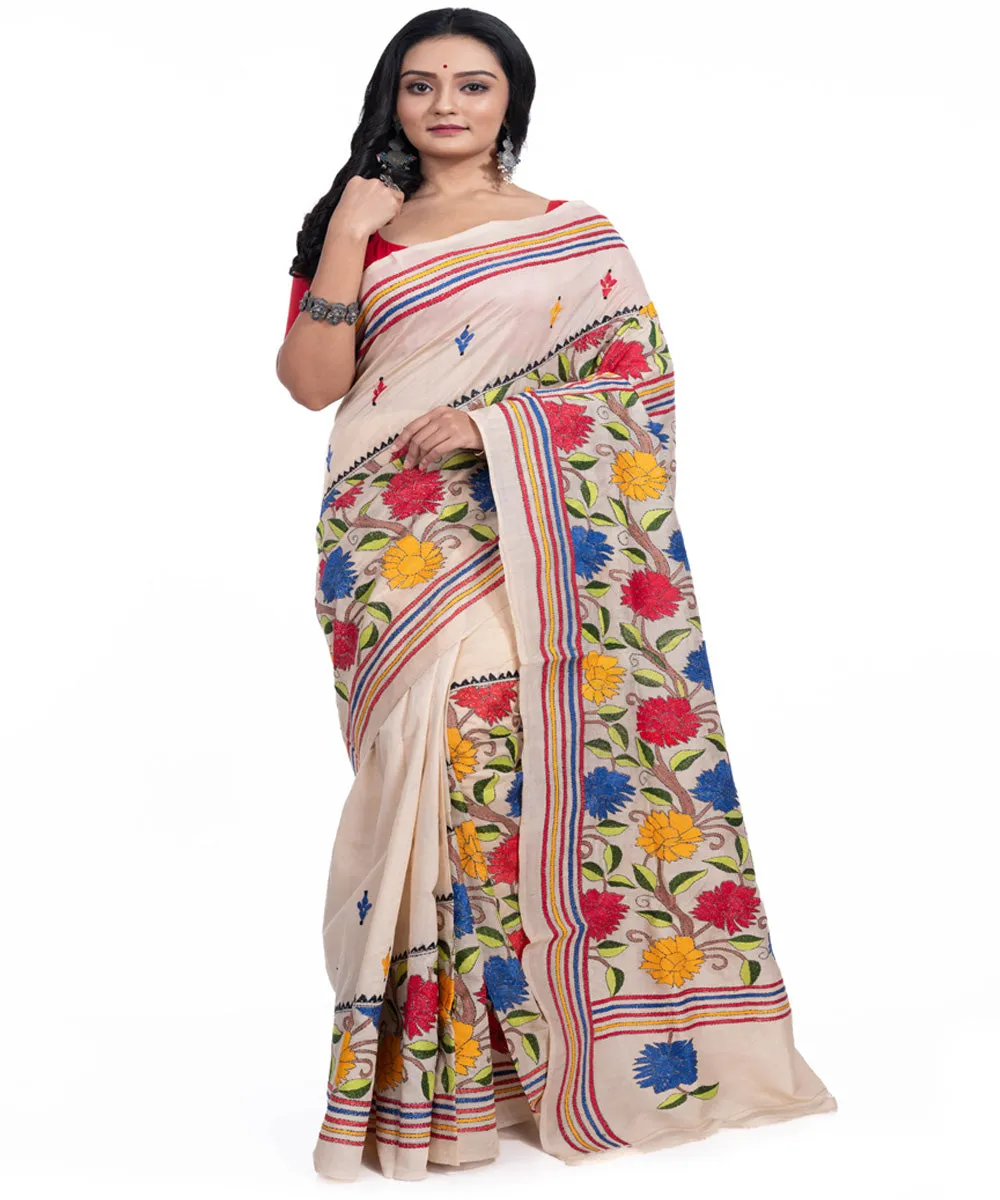 Offwhite yellow blue handwoven tussar silk kantha stitch saree