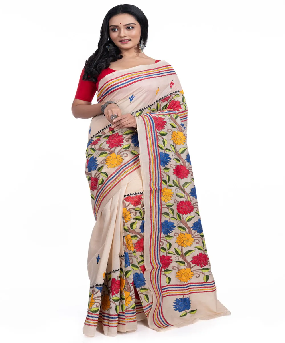 Offwhite yellow blue handwoven tussar silk kantha stitch saree