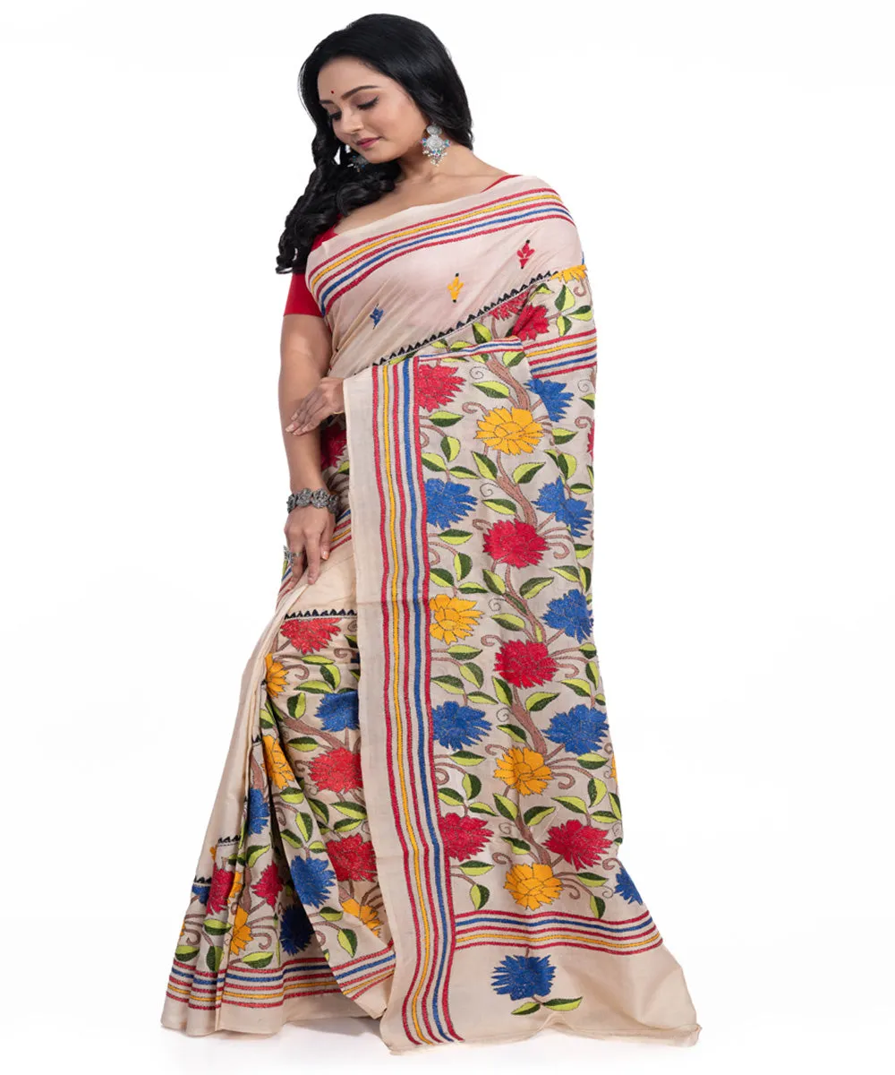 Offwhite yellow blue handwoven tussar silk kantha stitch saree