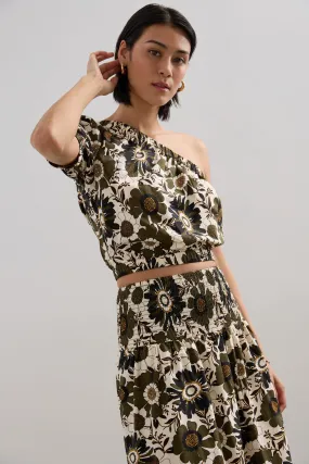 One shoulder puffy sleeve printed top